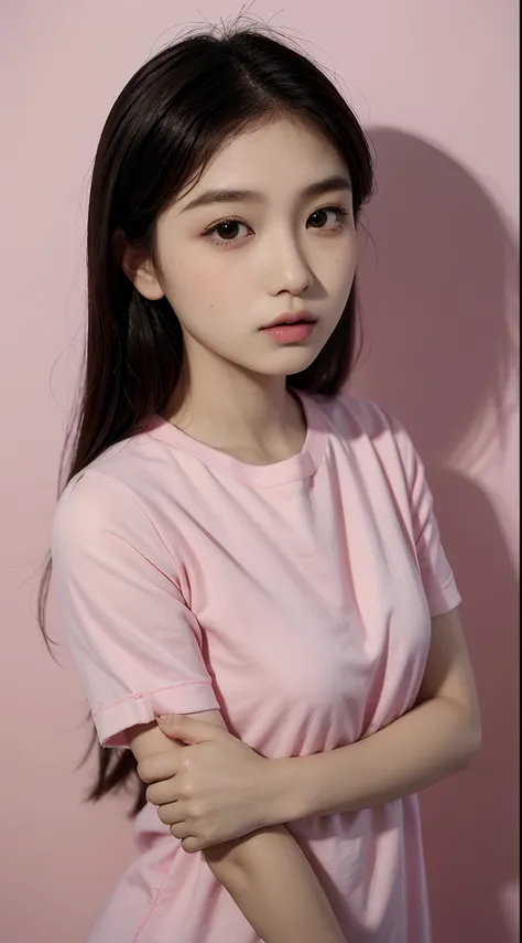 arafed woman with makeup and a pink shirt, asian face, south east asian with round face, young cute wan asian face, with round cheeks, with round face, with small nose, clear cute face, 18 years old, 1 6 years old, she has a cute face, small heart - shaped...