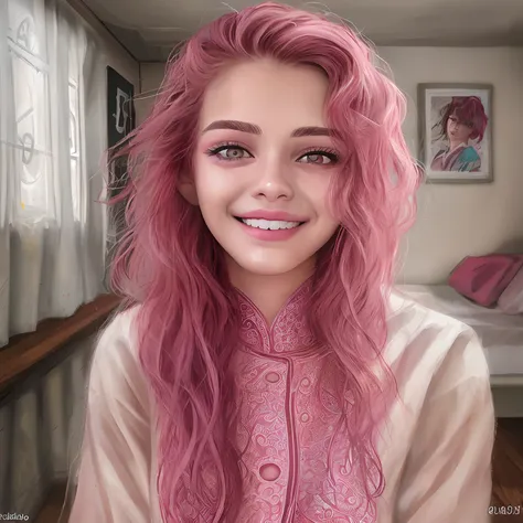 melhor qualidade, realismo:1.2, ultra detalhado, foto realista:1.37), expressivo, sorridente, lindos olhos detalhados, beautiful detailed lips, rosto extremamente detalhado, long eyeslashes, Adolescente, cabelo curto rosa, olhos cor de mel, batom rosa, cam...