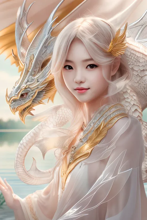 Dragons in Chinese mythology,(Portrait of an angel and a dragon god:1.3,)(Sheer and revealing white fluffy outfit:1.3, ),(Angel with glass wings floating above lake:1.3), (A glass dragon protects angels from behind:1.3),shiny light brown and orange striped...