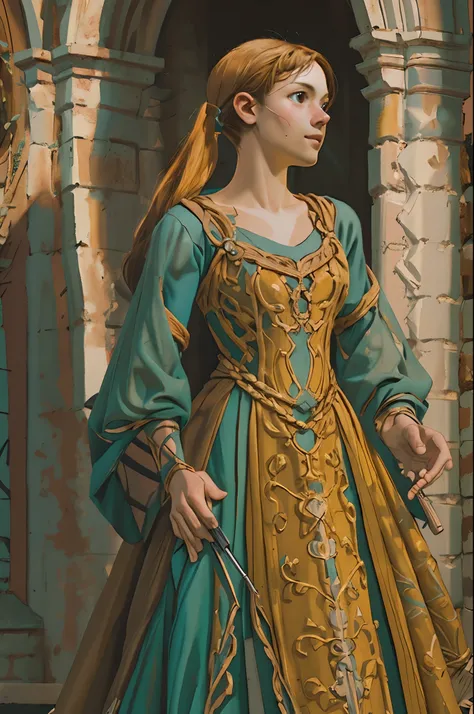 masterpiece, best quality, hyper detailed gouache portrait of a female medieval nouble dress, character prop art, epic scene ill...