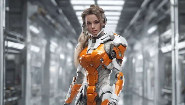 CGI artwork，inside in room，Exhibited，Catwalk(Full body photo:1.4)Mecha female mecha, mecha asthetic, girl in mecha cyber armor, cool mecha style, beautiful full-body concept art, modern mecha anime, Mechanized Valkyrie girl, pristine concept art, White bac...