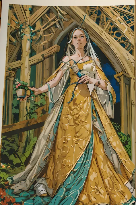 masterpiece, best quality, hyper detailed gouache portrait of a female medieval nouble dress, character prop art, epic scene ill...