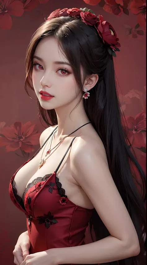 1 beautiful and attractive 20 year old girl, ((wearing an ultra-thin red dress with diamonds: 1.8)), ((long platinum hair: 1.6)), bangs, elaborate jewelry made from noble stones and beautiful hair, ( ( wearing a black lace necklace:1.4))), noble, aristocra...