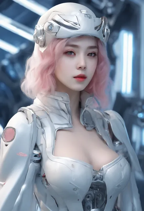 Highest image quality，Outstanding details，超高分辨率，（Fidelity：1.4），The best illustration，Favor the details，closeup cleavage，A mech girl，He has a delicate and beautiful face，（（Red and white semi-mechanical body：1.8）），Raised sexy，，cleavage，onbed，frontage，cyber p...