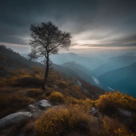 Magnificent view，zori，Foggy vision，Alpine forest landscape photography，Pale sunrise, Majestic mountain，Rugged mountain roads，（Boulders），precipice，Clear and transparent water，Broad field of view，Minimalist，Black-white-cyan-yellow tones，giant tree，bushes，Aut...