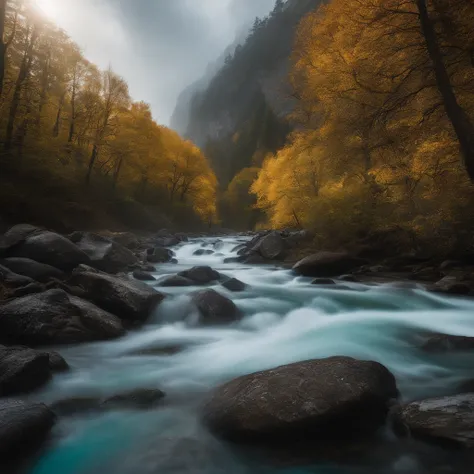 Magnificent view，zori，Foggy vision，Alpine forest landscape photography，Pale sunrise, Majestic mountain，Rugged mountain roads，（Boulders），precipice，Clear and transparent water，Broad field of view，Minimalist，Black-white-cyan-yellow tones，giant tree，bushes，Aut...