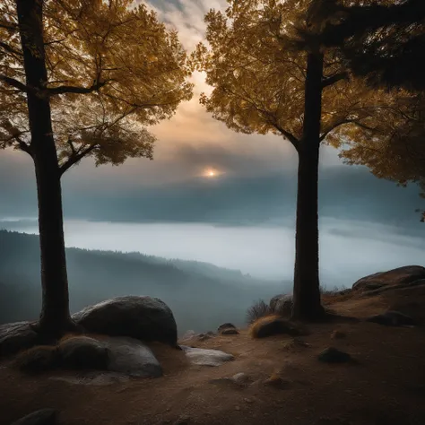 Magnificent view，zori，Foggy vision，Alpine forest landscape photography，Pale sunrise, Majestic mountain，Rugged mountain roads，（Boulders），precipice，Clear and transparent water，Broad field of view，Minimalist，Black-white-cyan-yellow tones，giant tree，bushes，Aut...