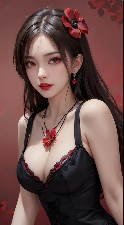 1 beautiful and attractive 20 year old girl, ((wearing an ultra-thin red dress with diamonds: 1.8)), ((long platinum hair: 1.6)), bangs, elaborate jewelry made from noble stones and beautiful hair, ( ( wearing a black lace necklace:1.4))), noble, aristocra...