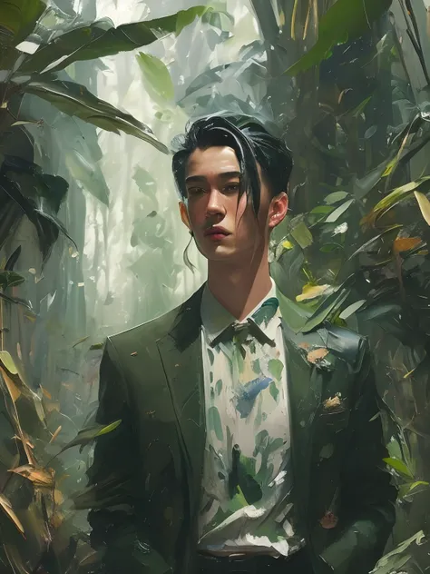 Painting of a man standing、Wearing a dark green suit、Pomade cured hair、Have a suitcase、Jungle background in dense forest、portlate、artstation hd、detailed paintings、Photos taken in Plovia、Oil painting style、shading、Kodak Portra、film grains、Unsplash function、...