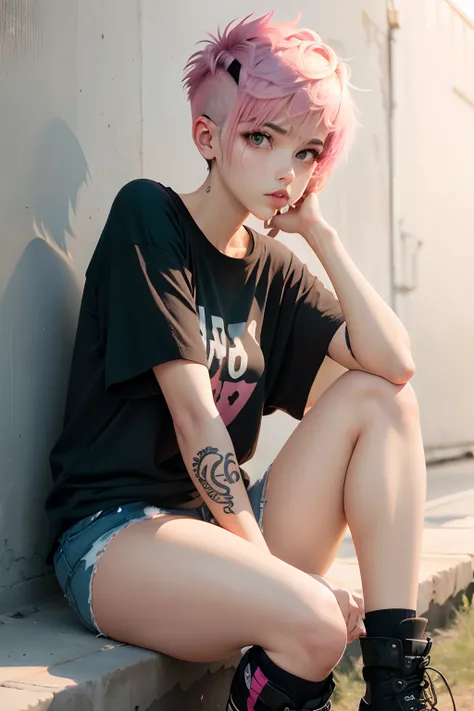 tomboy girl, pink short messy fade cut hair, emo, long big plain black t shirt(no print style, just plain), cute pose, tatoo, sit pose