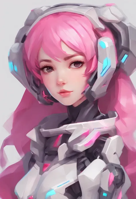 Mecha girl, beautiful detailed eyes, pink lips, short pink hair, pink mecha body, glowing pink eyes, petite girl, front and side character design sheet, anime girl, arcane hand-painted artstyle, vibrant colors, soft lighting