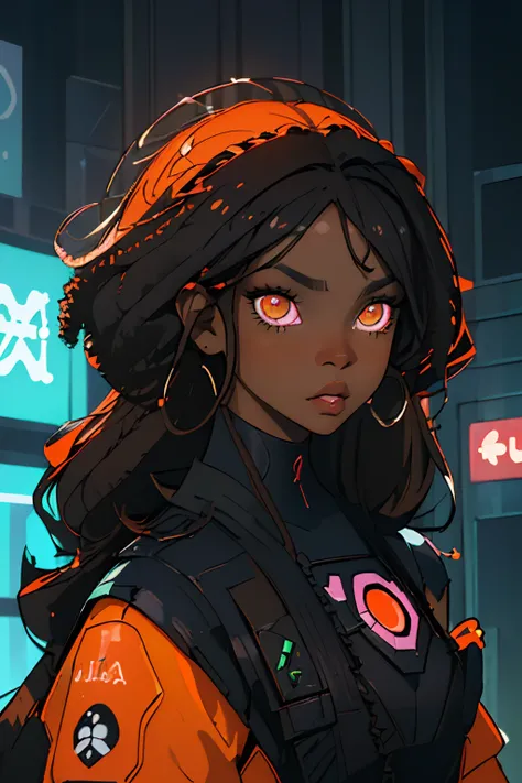 (melhor qualidade, obra-prima1.2) (black skin shade afro Africa: 1.2 ), (olho detalhado: 1.2 orange and roza coloration), detalhe complexo, profundidade de campo, 1girl, cidade, cyberpunk, neon, luzes neon, noite, lua,