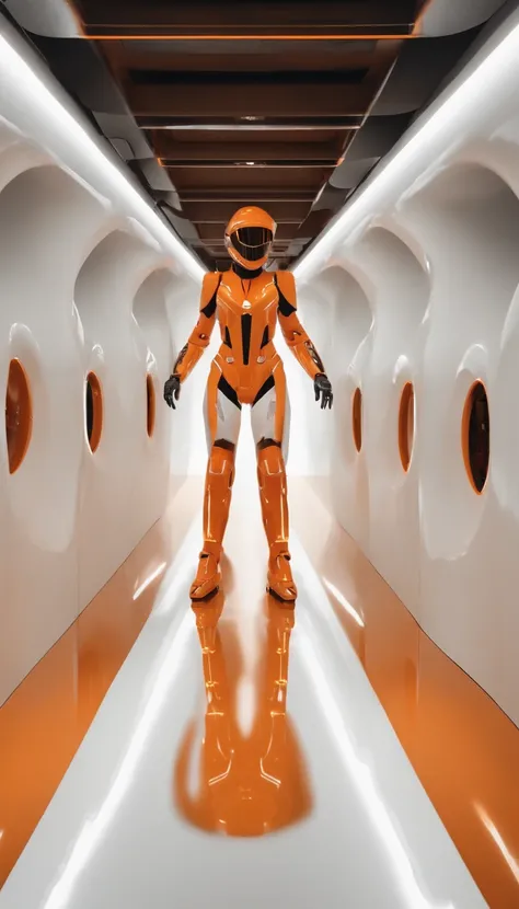 CGI artwork，inside in room，Exhibited，Catwalk，exhibit(Full body photo:1.4)Female mech, White background，Reflective floor,( Mirrored textured flooring: 1.0),(Close up: 1.0) (Dim tones: 1.5), lens_flare, (Dont look at the camera: 1.4) (looks away: 1.4) Solo (...