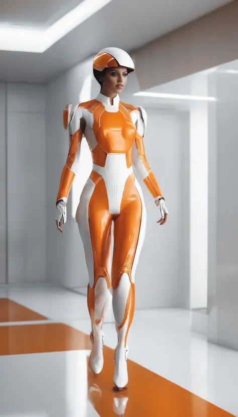 CGI artwork，inside in room，Exhibited，Catwalk，exhibit(Full body photo:1.4)Female mech, White background，Reflective floor,( Mirrored textured flooring: 1.0),(Close up: 1.0) (Dim tones: 1.5), lens_flare, (Dont look at the camera: 1.4) (looks away: 1.4) Solo (...