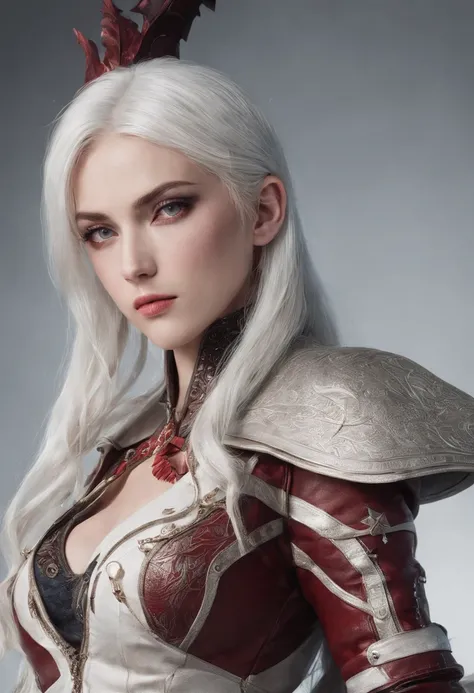 Cirilla Fiona Elen Riannon，Highest image quality，Outstanding details，超高分辨率，（Fidelity：1.4）, Favor the details，closeup cleavage，dawn，Snow，winter，Behind it is the wizards sword，He has a delicate and beautiful face，（（Red and white semi-mechanical body：1.8）），Ra...