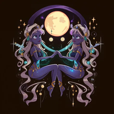 Lunar Lovers, A pair of celestial twins, one male and one female, with ethereal beauty and a cosmic aura. They share a telepathic bond and can create dazzling light displays with their connection.painting of two angels in a blue and purple space with a ful...