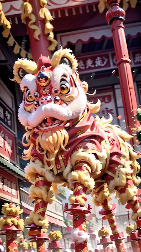 tmasterpiece，best qualtiy，highest  quality，ultra - detailed，Best resolution，8K，CG，illustration，National style，Oriental Ancient Street，Mighty and domineering lion，Big-headed lion，Oriental lion dance，Impossible clothes，boisterous，bustle，jubilation，The sound ...