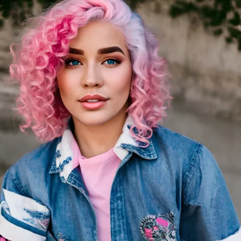 exquisite facial features，long eyelasher，Glowing eyes，Pink hair，sailor shirt，denim short