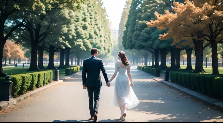 The couple walking hand-in-hand through a park.