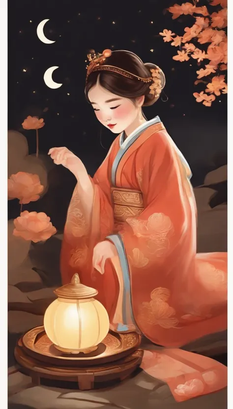 mid-autumn festival，A cute girl，Wear ancient Chinese clothing，Play with a rabbit next to the girl，Moon cake，Auspicious clouds，Behind a huge moon，warm color，abstract painting，Disney  style，Clear contour lighting，rim-light，fanciful，spotlight lights，中景 the sc...