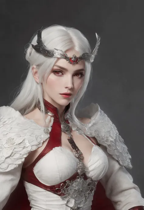 Cirilla Fiona Elen Riannon，Highest image quality，Outstanding details，超高分辨率，（Fidelity：1.4）, Favor the details，closeup cleavage，dawn，Snow，winter，Behind it is the wizards sword，He has a delicate and beautiful face，（（Red and white semi-mechanical body：1.8）），Ra...