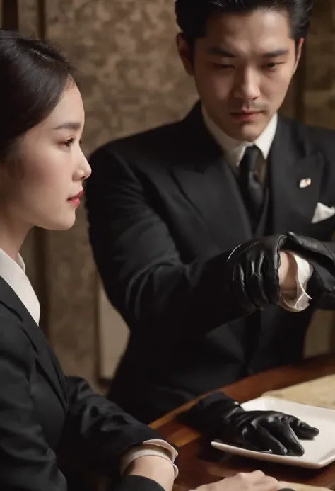 Black shirts, mens three-piece suits, wearing black leather gloves in both hands, Japanese girls, dark hotel rooms