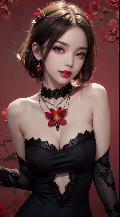 1 beautiful and attractive 20 year old girl, ((wearing an ultra-thin red dress with diamonds: 1.6)), ((long platinum hair: 1.6)), bangs, elaborate jewelry made from noble stones and beautiful hair, ((wearing a black lace necklace:1.4)), noble, aristocratic...