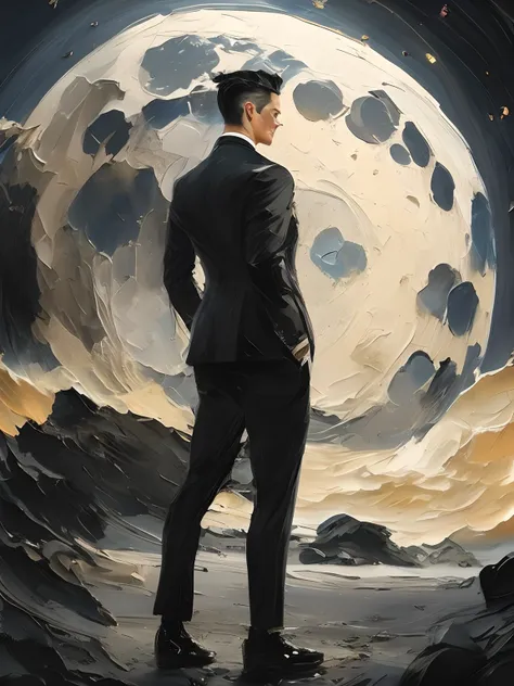 painting of a man standing、wearing a black suit、pomade cured hair、background standing on the moon、portlate、artstation hd、detaile...