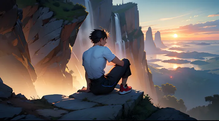 The back of a boy，Cant see the face，White top，Red sneakers，sitting at the edge of a cliff，Looking at the setting sun in the distance，photorealestic，super wide shot，The overall feeling is very sad，Photo texture，Movie chasing light，The skin texture is clear，...