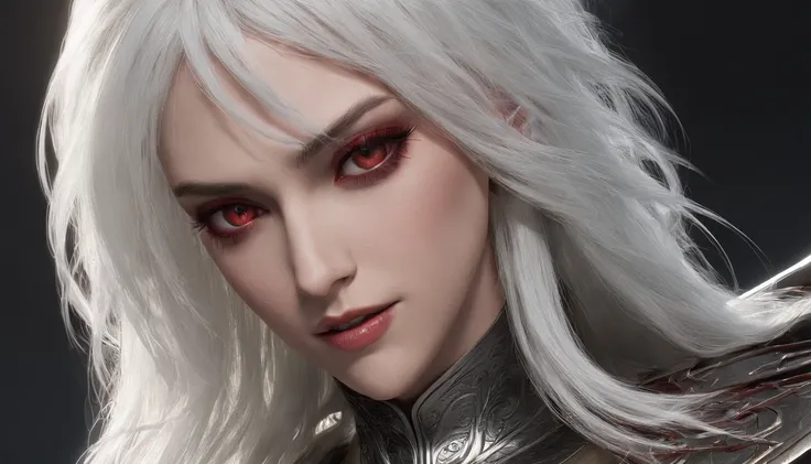 Cirilla Fiona Elen Riannon，Highest image quality，Outstanding details，超高分辨率，（Fidelity：1.4）, Favor the details，closeup cleavage，dawn，Snow，winter，Behind it is the wizards sword，He has a delicate and beautiful face，（（Red and white semi-mechanical body：1.8）），Ra...