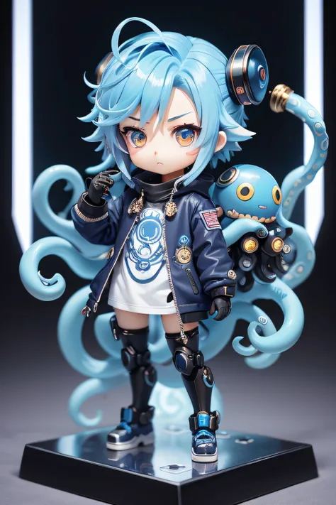 2d anime,There are chibi octopus boy with blue and white octopus hair and blue helmets, anime robotic mixed with tentacles, more tentacles, mantra octopus, hair like octopus, nendroid, Nendoroid 2D, Cute cyborg octopus boy, Fine details. Anime. tentacles, ...