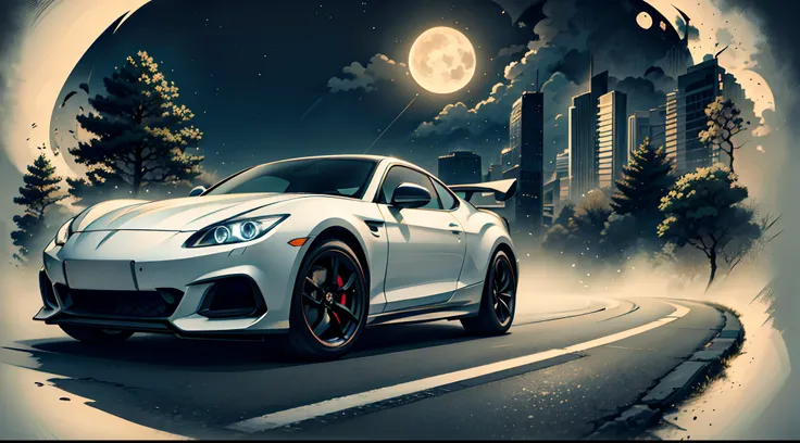 on a moonlit night，a sports car driving on the road，a sense of atmosphere，exquisite illustrations