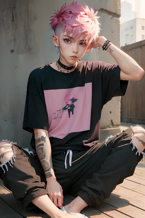 boy, pink short messy fade cut hair, emo, jugging pants, long big plain black t shirt(no print style, just plain), cute pose, tatoo, sit pose