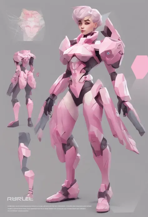 A group of different poses of female, female cyborg, short pink hair, pink tattoos on her pubic area and back of her body, beautiful detailed pink eyes, pink cyborg body, highly detailed character design, full body character design, detailed character desi...