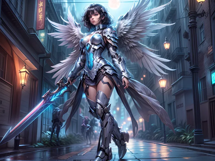 a picture of a female angel mecha girl, walking in a fantasy urban street at night, full body, an extremely beautiful female mecha angel, dynamic angle (ultra detailed, Masterpiece, best quality), (best detailed face: 1.4), ultra feminine, black hair, sh...