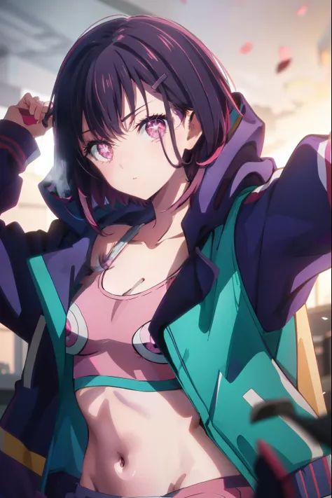 shizukamikazuki, shizuka mikazuki, short hair, purple hair, hair ornament, hairclip, (pink eyes:1.5),
BREAK navel, cleavage, jacket, open clothes, midriff, hood, open jacket, blue jacket, hooded jacket, sports bra,  hood down,
BREAK looking at viewer,
BREA...