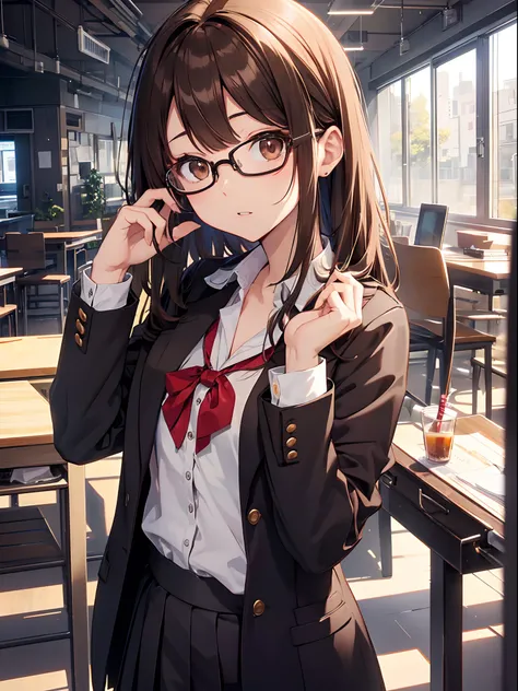 1人の女性、brown haired(Curta)、Brown eyes、Black-rimmed glasses、 Best Quality、ultra-detailliert、8K resolution、Raw photo、masutepiece、gorgeous faces、Perfect body、schools、Blazer Uniform