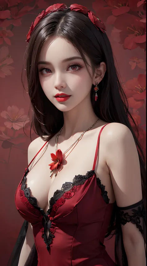 1 beautiful and attractive 20 year old girl, ((wearing an ultra-thin red dress with diamonds: 1.6)), ((long platinum hair: 1.8)), bangs, elaborate jewelry made from gems and bangs beautiful hair, ((wearing a black lace necklace:1.4)), noble, noble style of...