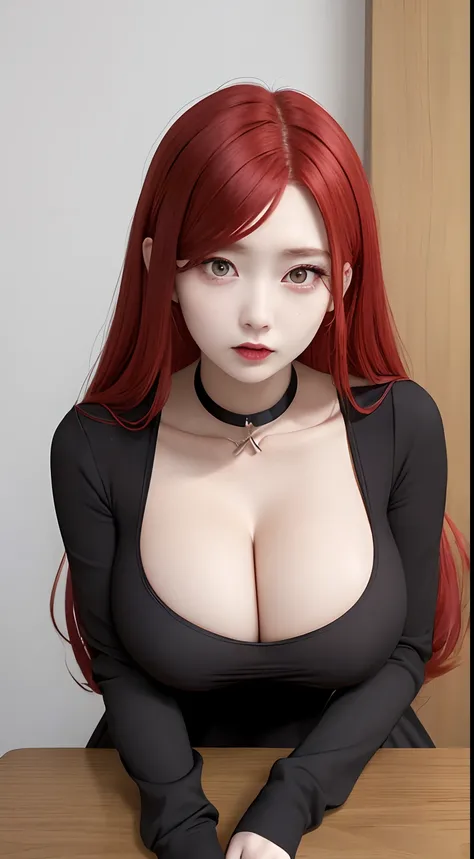 a woman with long red hair sitting at a table with a comic strip, anya from spy x family, & her expression is solemn, anime girl wearing a black dress, rena nounen style 3/4, marvelous expression, she has red hair, grim expression, marin kitagawa fanart, m...