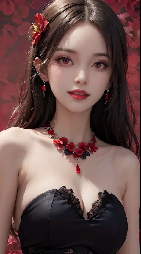 1 beautiful and attractive 20 year old girl, ((wearing an ultra-thin red dress with diamonds: 1.6)), ((long platinum hair: 1.8)), bangs, elaborate jewelry made from gems and bangs beautiful hair, ((wearing a black lace necklace:1.4)), noble, noble style of...