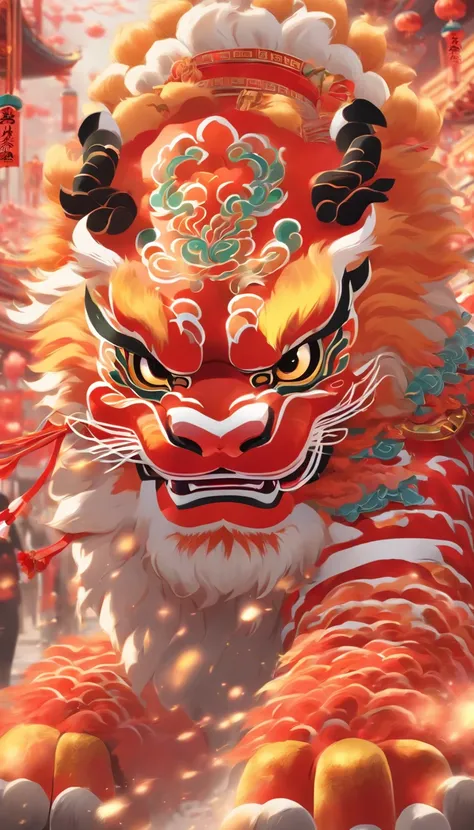 Cantonese traditional culture, China，1girll，lion dance，Awaken the lion，characteristic，The facial features are delicate and beautiful，The black and red lion head is worn on the head，Dance the lions head dance with both hands，jubilation，