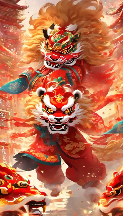 Cantonese traditional culture, China，1girll，lion dance，Awaken the lion，characteristic，The facial features are delicate and beautiful，The black and red lion head is worn on the head，Dance the lions head dance with both hands，jubilation，