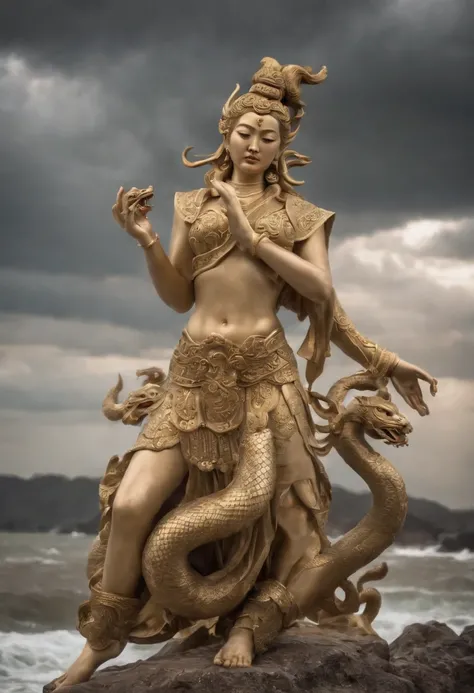 An ancient Asian goddess，Ancients，The upper body is human，The lower body is a snake，Beauty snake，There is light around the body，beautiful facial features，Ancient mythology，（The body of the snake 1.4），Panorama Figures，Holding multicolored copper ore in hand...