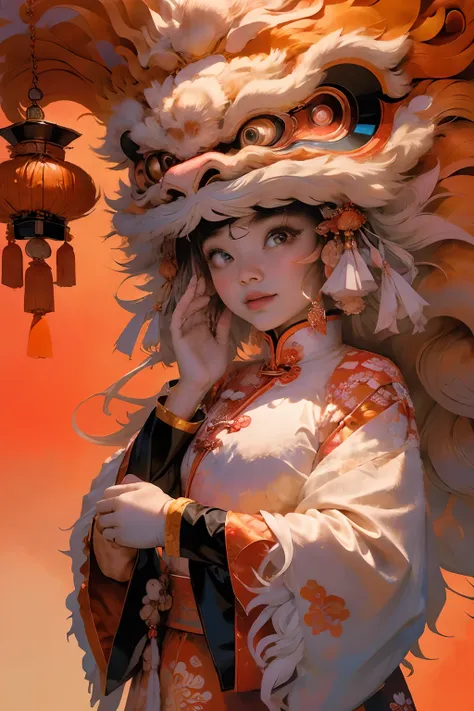 1girll, Clear facial features，looks into camera, Solo, lion_Dance,Clear face，lion dance，dynamicposes，Chinese clothes， Well-designed lions head design, Brightly colored lions, Traditional Chinese art, Expressive lion dance, Red lanterns，Chinese Year， China-...