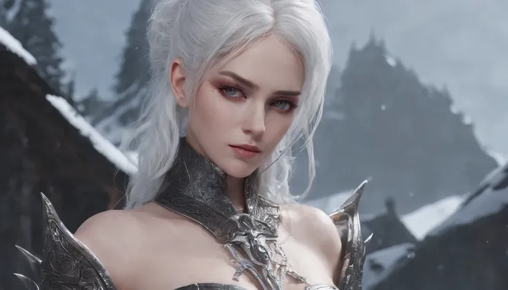 Cirilla Fiona Elen Riannon，Highest image quality，Outstanding details，超高分辨率，（Fidelity：1.4）, Favor the details，closeup cleavage，dawn，Snow，winter，Behind it is the wizards sword，He has a delicate and beautiful face，（（Red and white semi-mechanical body：1.8）），Ra...