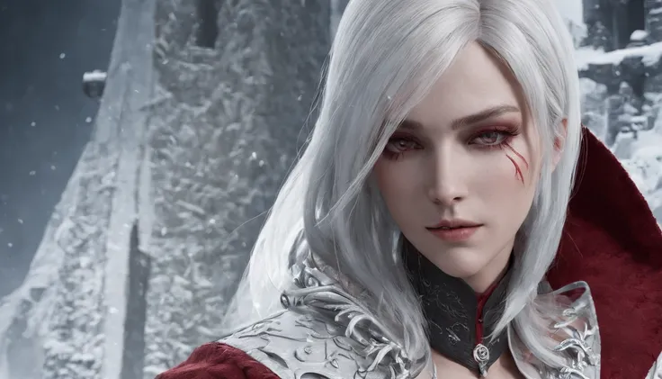 Cirilla Fiona Elen Riannon，Highest image quality，Outstanding details，超高分辨率，（Fidelity：1.4）, Favor the details，closeup cleavage，dawn，Snow，winter，Behind it is the wizards sword，He has a delicate and beautiful face，（（Red and white semi-mechanical body：1.8）），Ra...