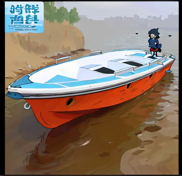 in style of ghibli，cartoonish style，Tick line，Dilapidated motorboats，Cartoon anime