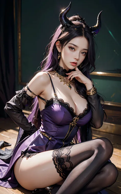 （palaces：1. Mature female purple-black hair,A pair of dragon horns，A pair of huge dragon wings，Flirtatious，Kneeling pose）， tmasterpiece， best qualtiy， RAW photogr， realisticlying， Pouting ass， Incredibly Ridiculous res，， ear studs， (Long flowing purple hai...