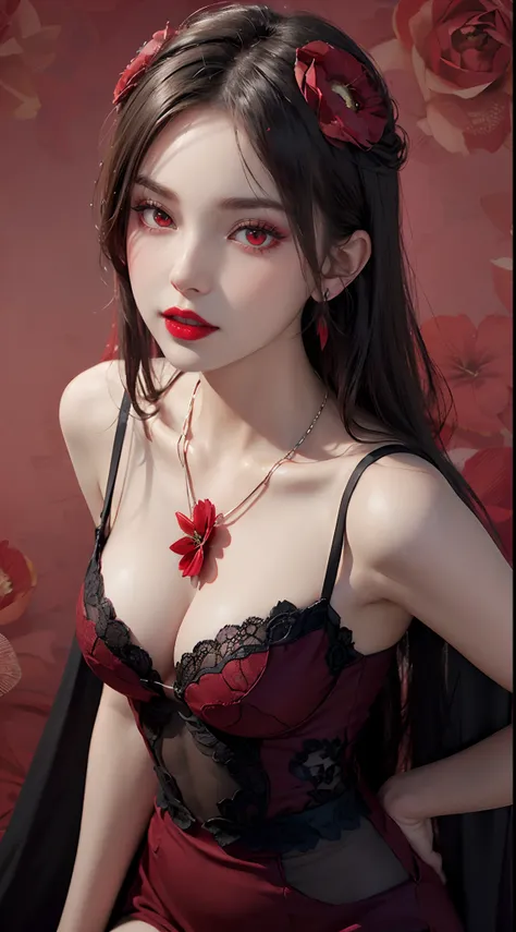 1 beautiful and attractive 20 year old girl, ((wearing an ultra-thin red dress with diamonds: 1.8)), ((long platinum hair: 1.8)), bangs, elaborate jewelry made from precious stones and pretty bangs, ((wearing a black lace necklace:1.4)), noble, aristocrati...