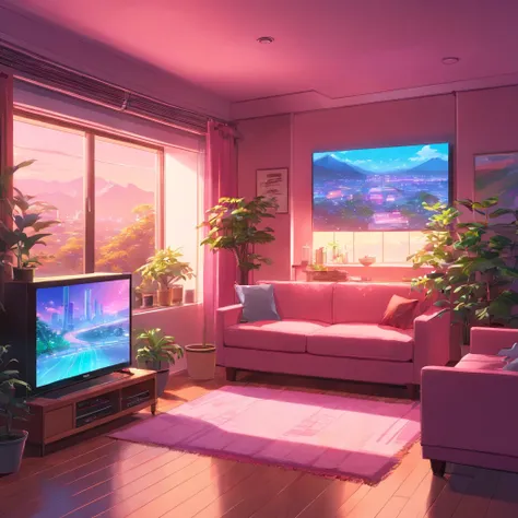 large cozy neon pink living room with big tv screen and tree plants